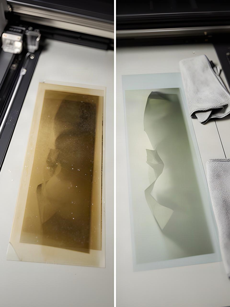 Comparación de un negativo antiguo y su imagen digital restaurada sobre una mesa de escaneo