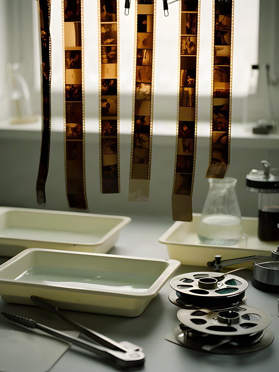 Tiras de negativos secándose junto a bandejas de revelado y herramientas de laboratorio fotográfico