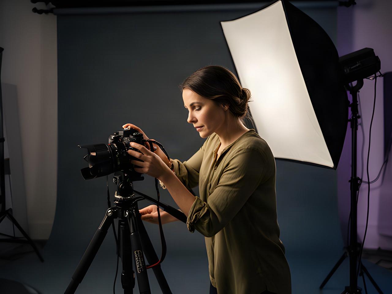 Fotógrafa ajustando un softbox junto a una cámara en el estudio de Galería Enfoque S.L.