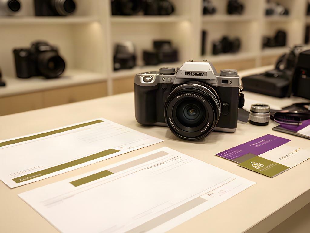 Cámara digital y documentos de compra sobre el mostrador de una tienda de fotografía en Benalmádena