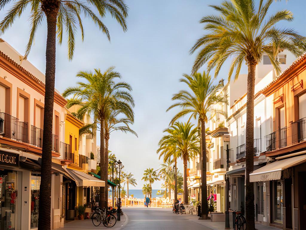 Calle de Arroyo de la Miel cerca de Benalmádena Costa con comercios y palmeras