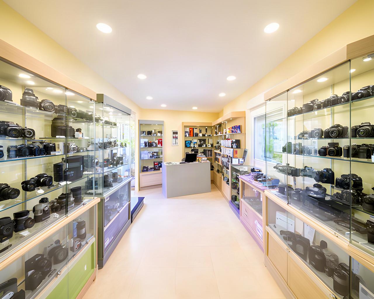 Interior de una tienda de fotografía en Arroyo de la Miel con estanterías de cámaras y accesorios